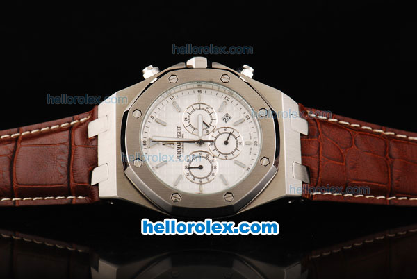 Audemars Piguet Royal Oak City of Sails Chronograph Quartz Movement White Dial with White Stick Markers and Silver Case-Brown Leather Strap - Click Image to Close